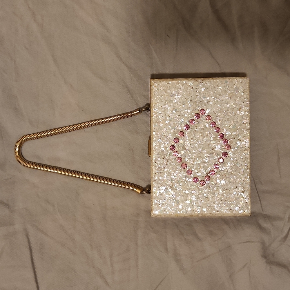 Rare Vintage Confetti Lucite Minaudiere Box Purse Compact, Lipstick, Mirror